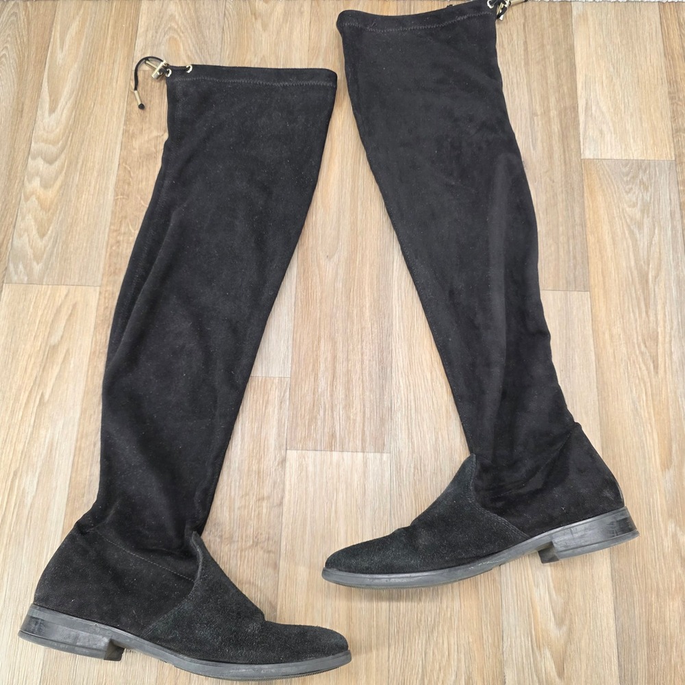Andre Black Suede Over The Knee Flat Boots Drawstring Size 39‎ Womens